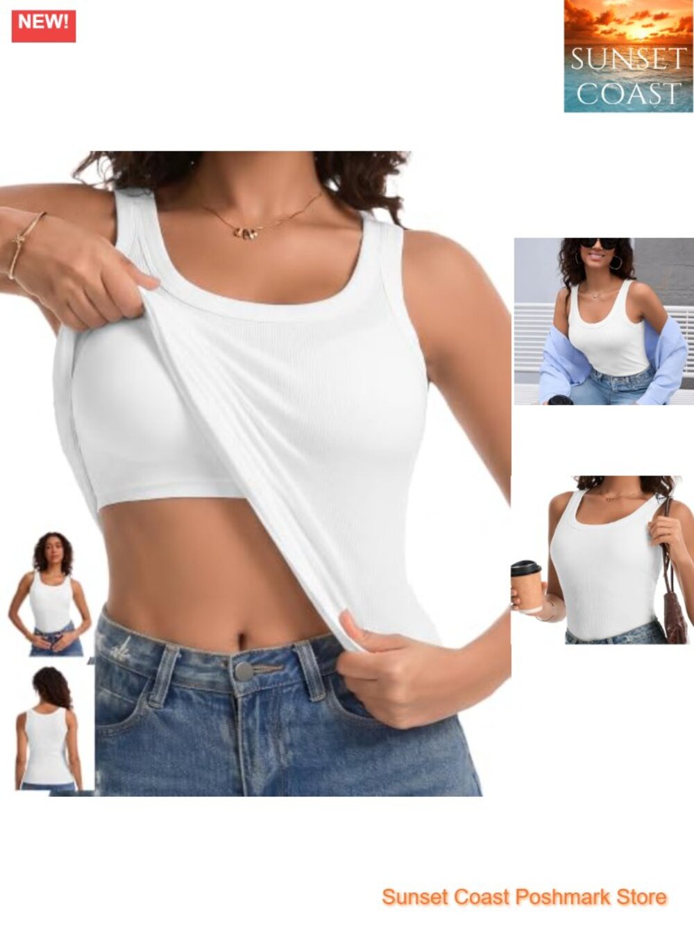 Women's Ribbed Tank Top with Built-in Bra Padded Cups Sleeveless